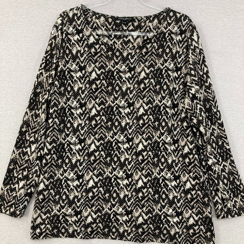 Mario Serrani size XL Black White Chevron Crew Neck Long Sleeve Blouse Preppy